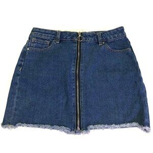 PacSun 25 Blue Denim Cotton Full Front O Ring Zipper Raw Hem Mini Skirt Pockets